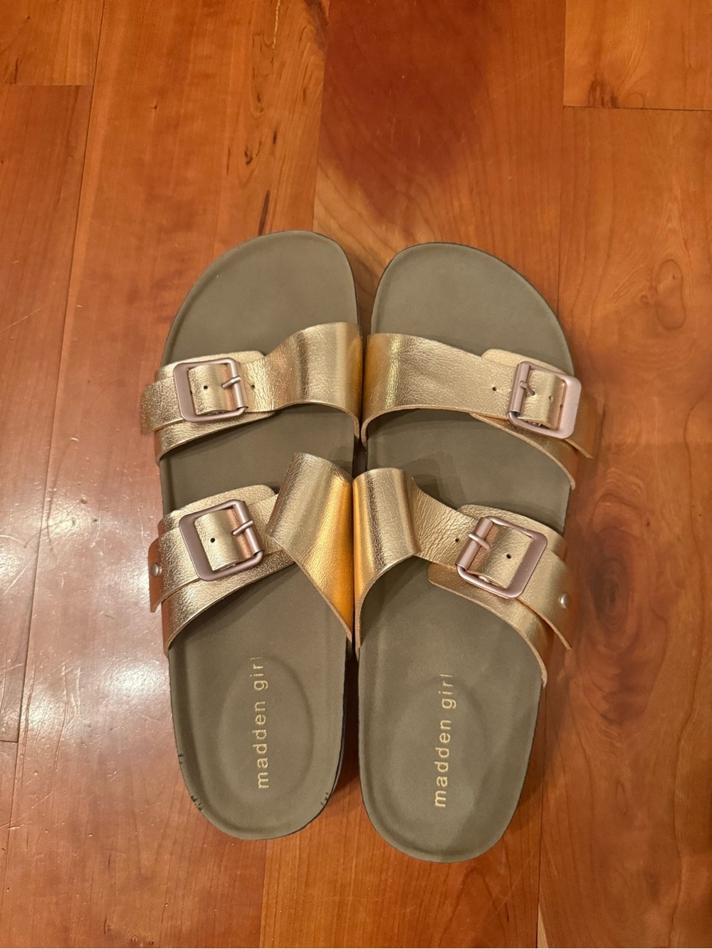 Madden Girl Rose Gold Double-Buckle Slide Sandals